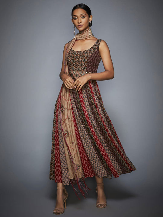 RI Ritu Kumar Brown & Beige Embroidered Dress With Sash Saris and Things RI Ritu Kumar Brown & Beige Embroidered Dress With Sash Saris and Things