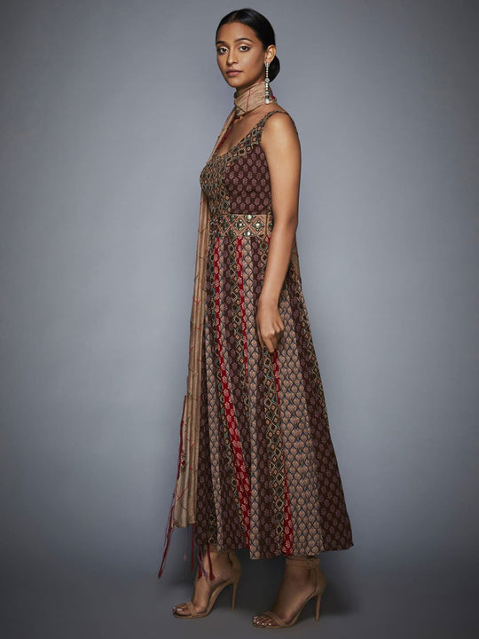 RI-Ritu-Kumar-Brown-Beige-Embroidered-Dress-With-Sash-Side-View1
