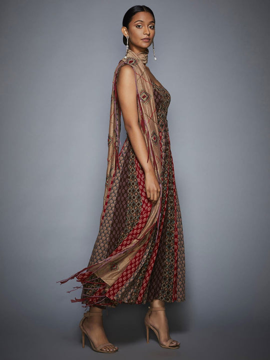 RI Ritu Kumar Brown & Beige Embroidered Dress With Sash RI Ritu Kumar Brown & Beige Embroidered Dress With Sash