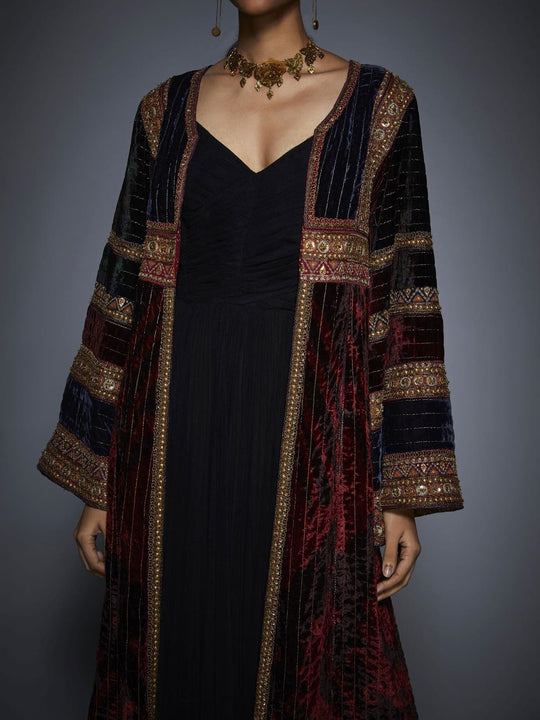 RI-Ritu-Kumar-Burgundy-And-Black-Dress-with-Embroidered-Jacket-Closeup