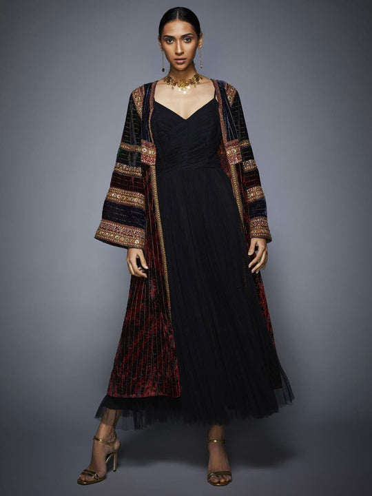 RI Ritu Kumar Burgundy & Black Dress with Embroidered Jacket Saris and Things RI Ritu Kumar Burgundy & Black Dress with Embroidered Jacket Saris and Things