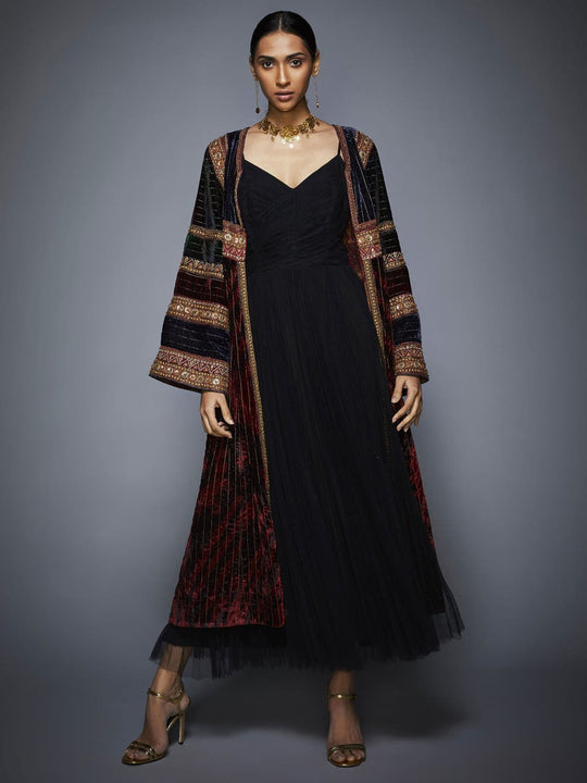 RI-Ritu-Kumar-Burgundy-And-Black-Dress-with-Embroidered-Jacket-Complete-View2