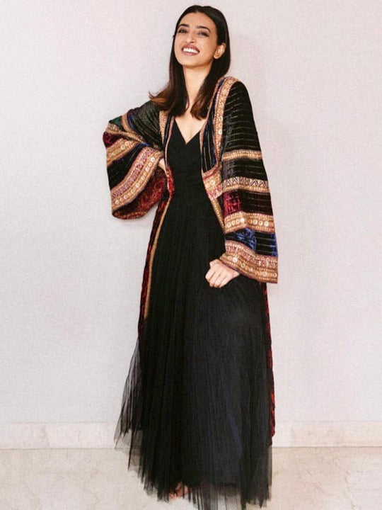 RI Ritu Kumar Burgundy & Black Dress with Embroidered Jacket RI Ritu Kumar Burgundy & Black Dress with Embroidered Jacket
