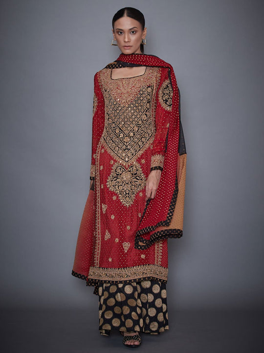RI-Ritu-Kumar-Burgundy-And-Black-Embroidered-Kurta-With-Dupatta-And-Palazzo-Complete-View