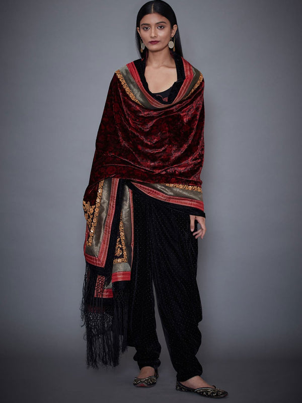 RI Ritu Kumar Burgundy Embroidered Velvet Shawl