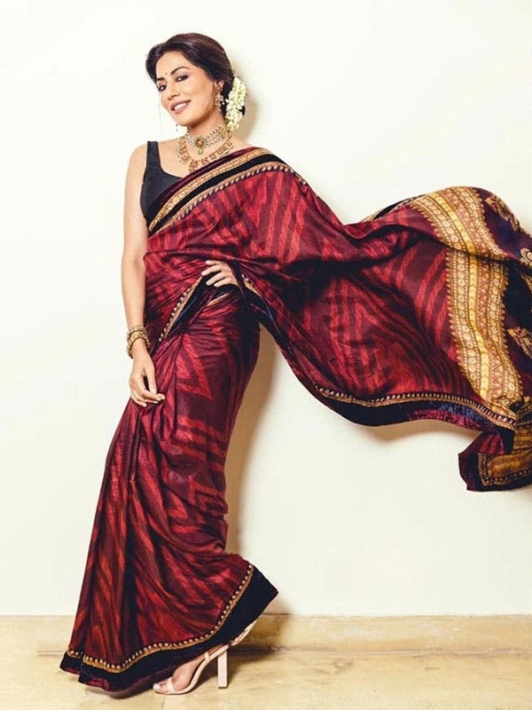 RI Ritu Kumar Burgundy Zardozi Saree with Unstitched Blouse