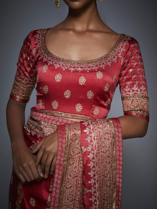 RI-Ritu-Kumar-Coral-And-Beige-Aari-Embroidery-Saree-With-Unstitched-Blouse-Closeup