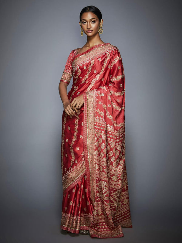 RI Ritu Kumar Coral & Beige Aari Embroidery Saree With Unstitched Blouse