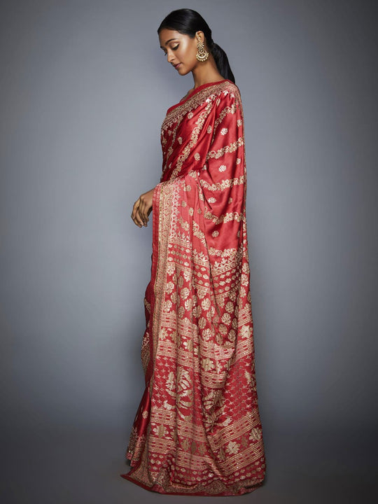 RI-Ritu-Kumar-Coral-And-Beige-Aari-Embroidery-Saree-With-Unstitched-Blouse-Side-View1