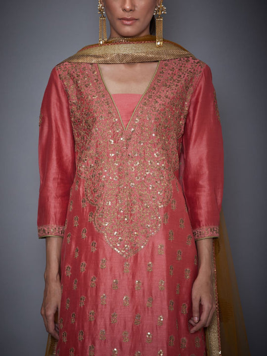 RI-Ritu-Kumar-Coral-and-Khaki-Embroidered-Kurta-With-Skirt-And-Dupatta-CloseUp