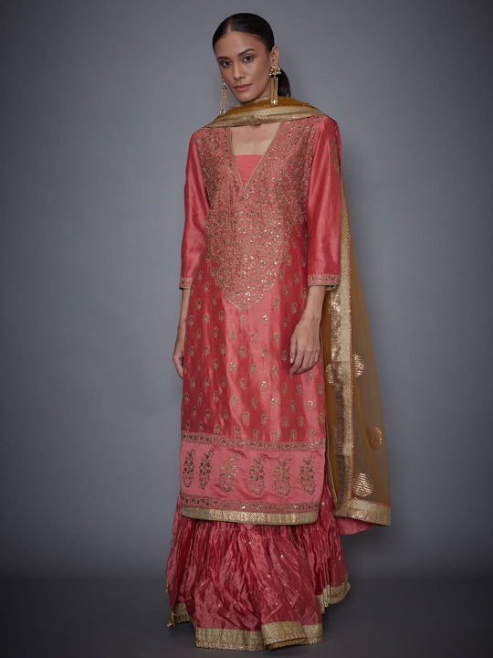 RI-Ritu-Kumar-Coral-and-Khaki-Embroidered-Kurta-With-Skirt-And-Dupatta-Complete-View