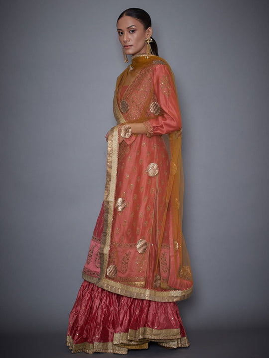 RI-Ritu-Kumar-Coral-and-Khaki-Embroidered-Kurta-With-Skirt-And-Dupatta-Side-View1