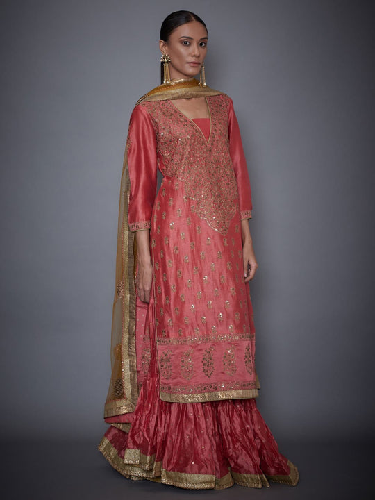 RI-Ritu-Kumar-Coral-and-Khaki-Embroidered-Kurta-With-Skirt-And-Dupatta-Side-View2
