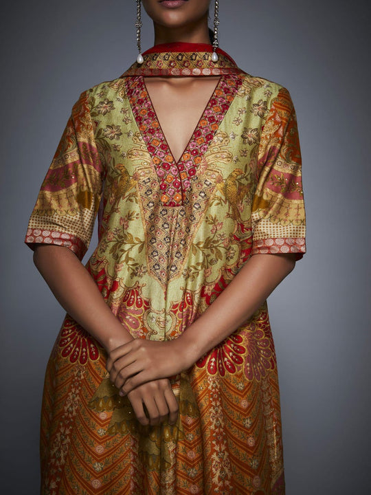 RI-Ritu-Kumar-Coral-and-Khaki-Floral-Printed-Anarkali-Suit-Closeup