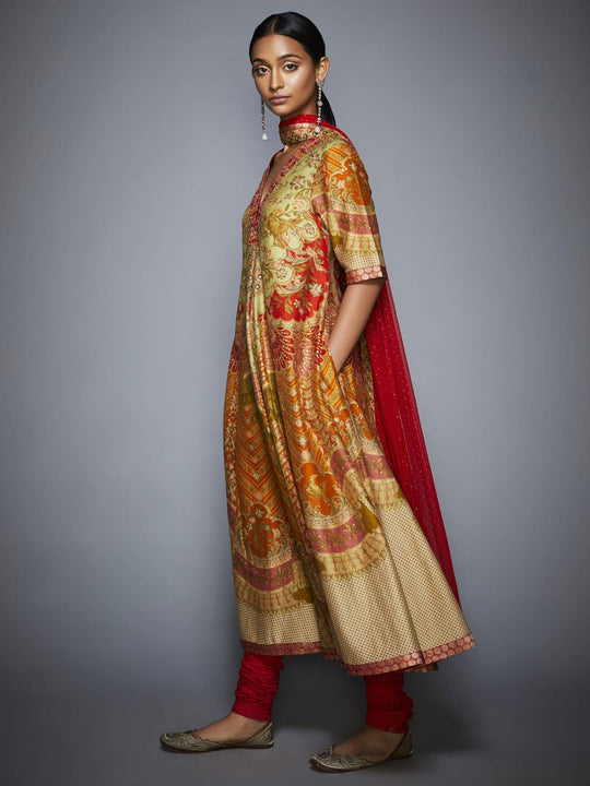 RI-Ritu-Kumar-Coral-and-Khaki-Floral-Printed-Anarkali-Suit-Side-View1