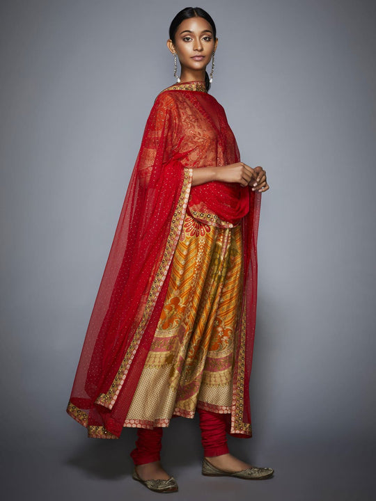 RI-Ritu-Kumar-Coral-and-Khaki-Floral-Printed-Anarkali-Suit-Side-View2