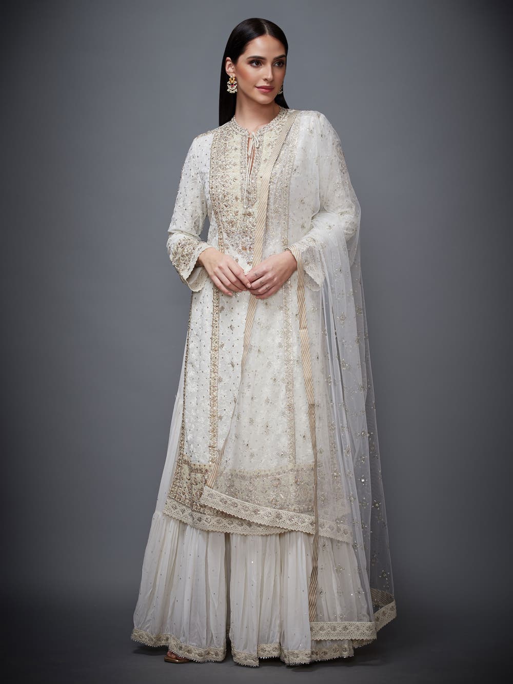 RI Ritu Kumar Ecru Embroidered Kurti With Skirt And Dupatta Saris and Things