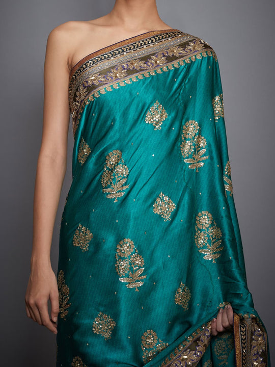 RI-Ritu-Kumar-Emerald-And-Royal-Embroidered-Saree-With-Unstitched-Blouse-Closeup