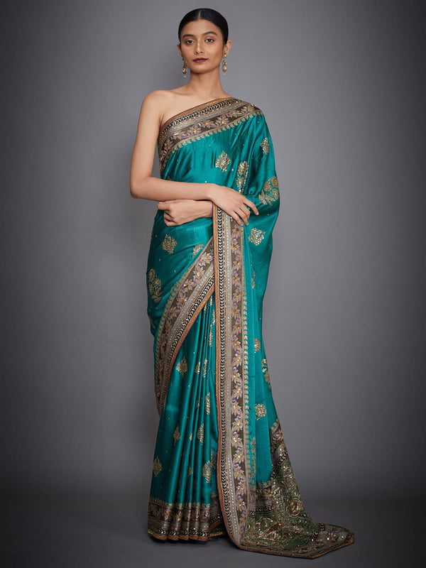 RI Ritu Kumar Emerald & Royal Embroidered Saree With Unstitched Blouse