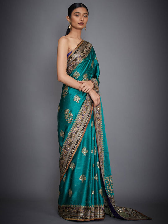 RI-Ritu-Kumar-Emerald-And-Royal-Embroidered-Saree-With-Unstitched-Blouse-Side-View2