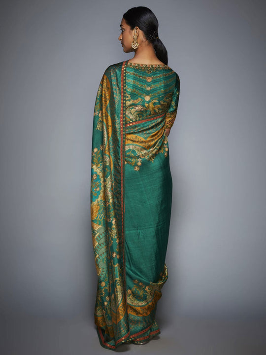 RI-Ritu-Kumar-Emerald-and-Mustard-Embroidered-Saree-With-Unstitched-Blouse-Back