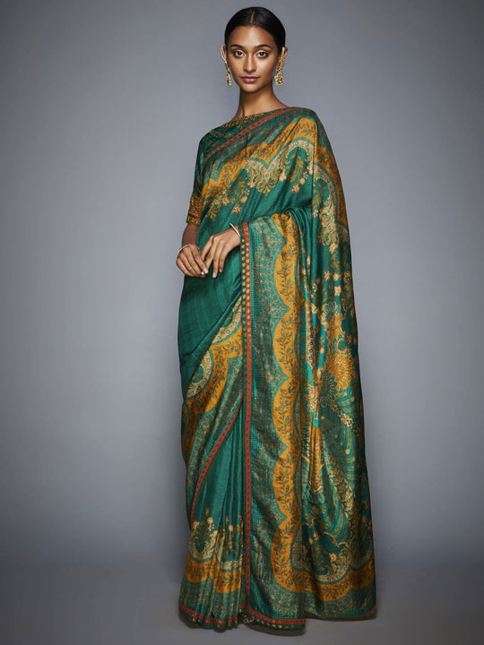 RI-Ritu-Kumar-Emerald-and-Mustard-Embroidered-Saree-With-Unstitched-Blouse-Complete-View