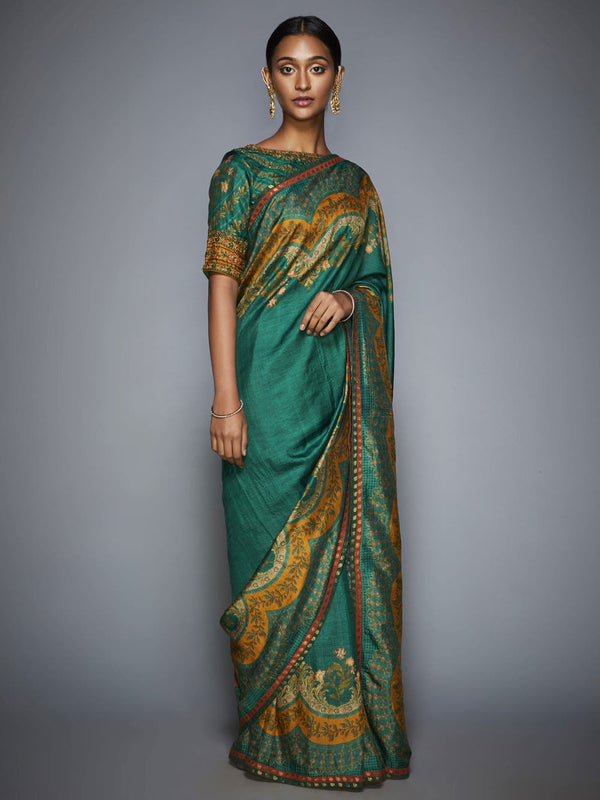 RI Ritu Kumar Emerald & Mustard Embroidered Saree With Unstitched Blouse