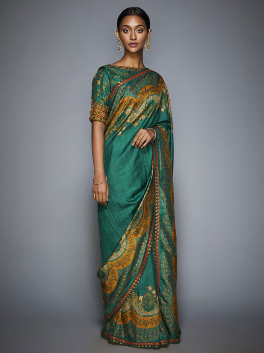 RI-Ritu-Kumar-Emerald-and-Mustard-Embroidered-Saree-With-Unstitched-Blouse-Front-View
