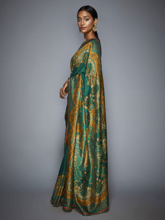 RI-Ritu-Kumar-Emerald-and-Mustard-Embroidered-Saree-With-Unstitched-Blouse-Side-View1