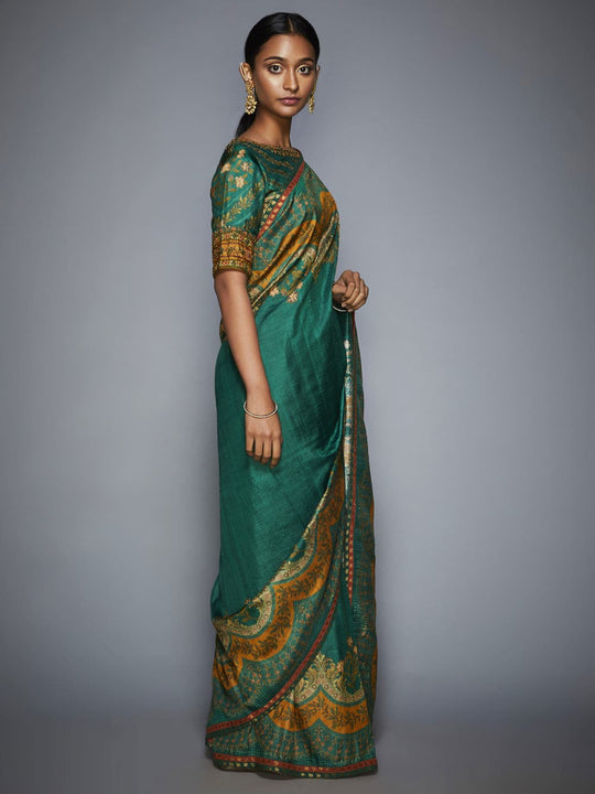RI-Ritu-Kumar-Emerald-and-Mustard-Embroidered-Saree-With-Unstitched-Blouse-Side-View2