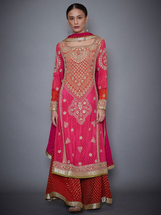 RI-Ritu-Kumar-Fuchsia-And-Orange-Embroidered-Kurti-With-Dupatta-And-Palazzo-Complete-View