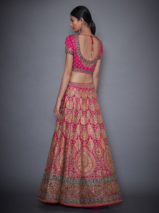 RI-Ritu-Kumar-Fuchsia-And-Orange-Embroidered-Lehenga-Set-Back