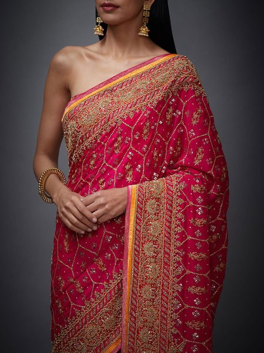 RI-Ritu-Kumar-Fuchsia-And-Orange-Embroidered-Saree-With-Unstitched-Blouse-Closeup