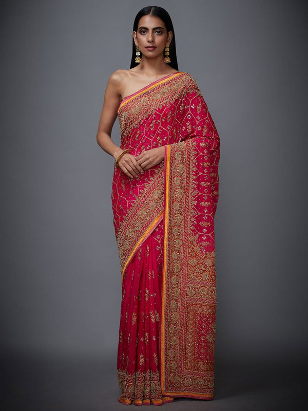 RI Ritu Kumar Fuchsia & Orange Embroidered Saree With Unstitched Blouse