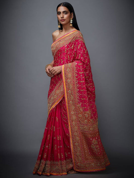 RI-Ritu-Kumar-Fuchsia-And-Orange-Embroidered-Saree-With-Unstitched-Blouse-Side-View1