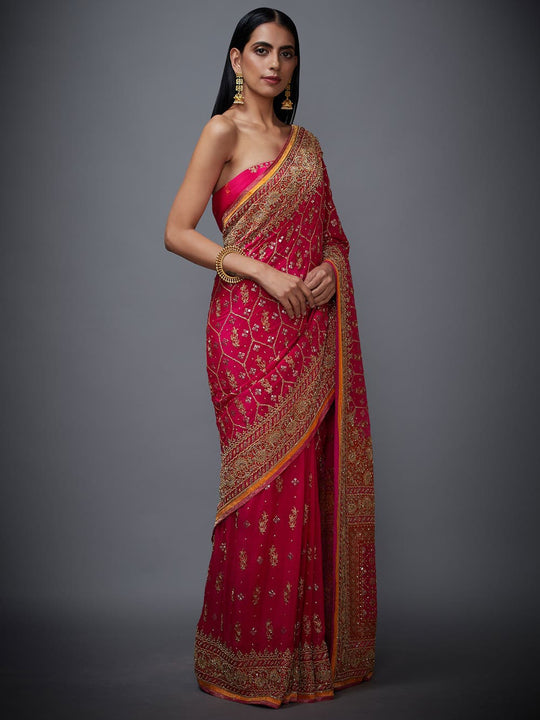 RI-Ritu-Kumar-Fuchsia-And-Orange-Embroidered-Saree-With-Unstitched-Blouse-Side-View2