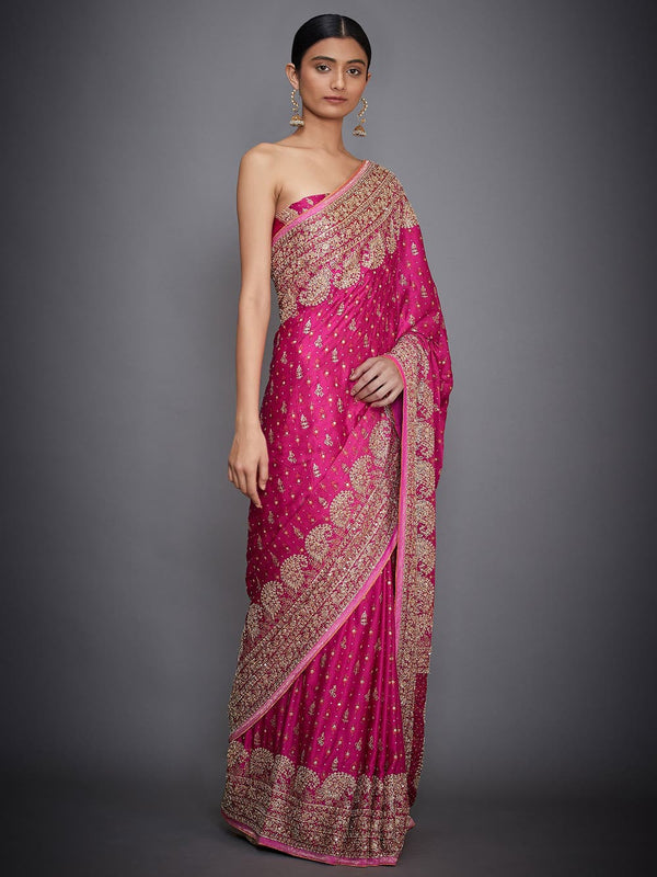 RI Ritu Kumar Fuchsia & Orange Embroidered Saree With Unstitched Blouse