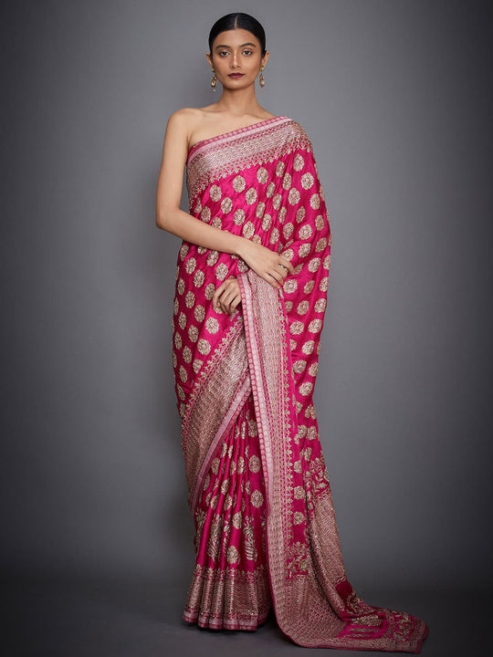 RI-Ritu-Kumar-Fuchsia-Embroidered-Saree-With-Unstitched-Blouse-Complete-View