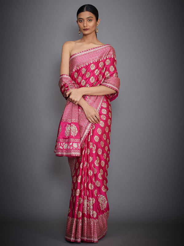 RI Ritu Kumar Fuchsia Embroidered Saree With Unstitched Blouse