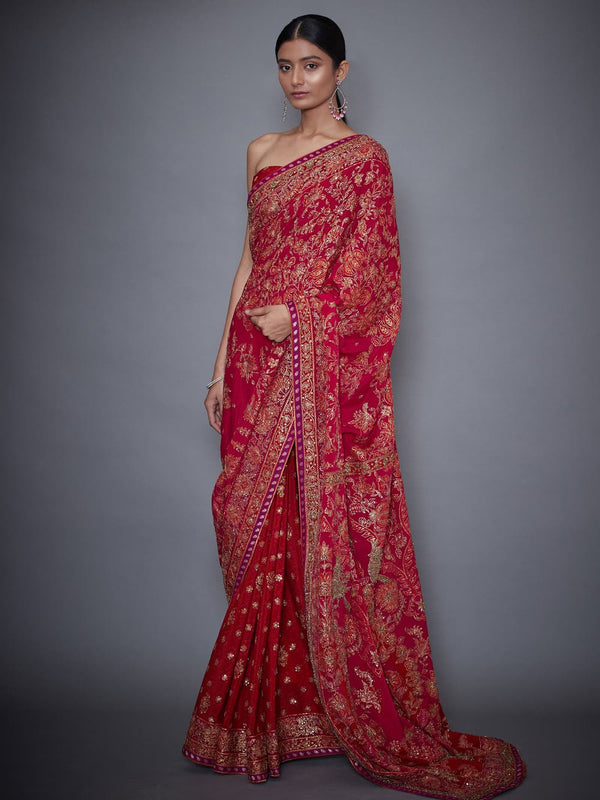 Red Embroidered Saree Blouse | Red Silk Chinon Saree | RI Ritu Kumar
