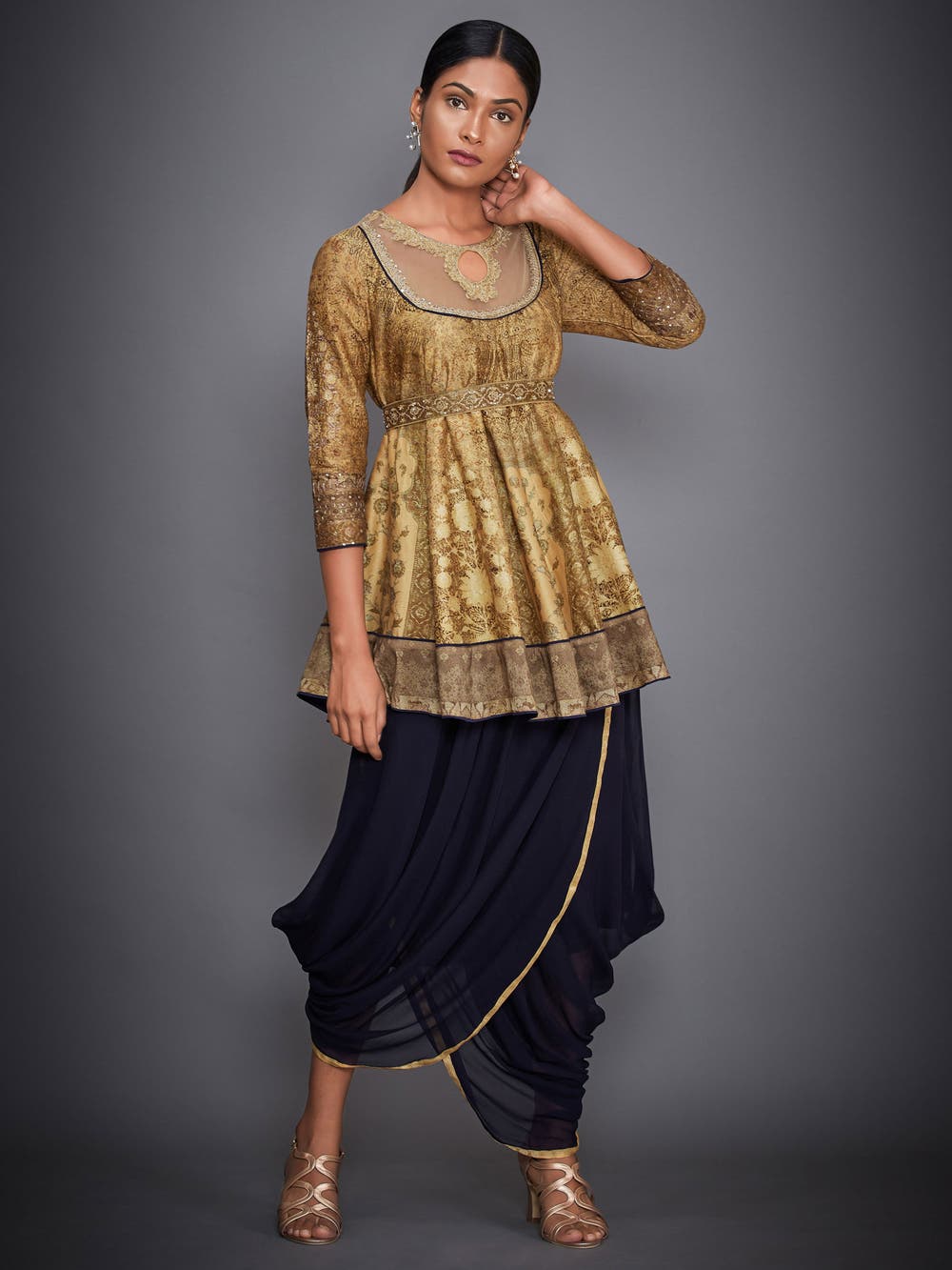 RI Ritu Kumar Gold \u0026 Navy Aari Embroidered Kurti With Dhoti Pants – Saris  and Things