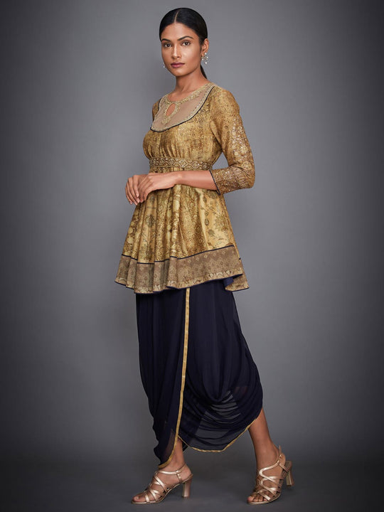 RI-Ritu-Kumar-Gold-And-Navy-Aari-Embroidered-Kurti-With-Dhoti-Pants-Side-View1