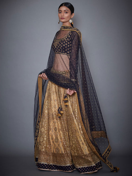 RI-Ritu-Kumar-Gold-And-Navy-Embroidered-Lehenga-Set-Side-View1