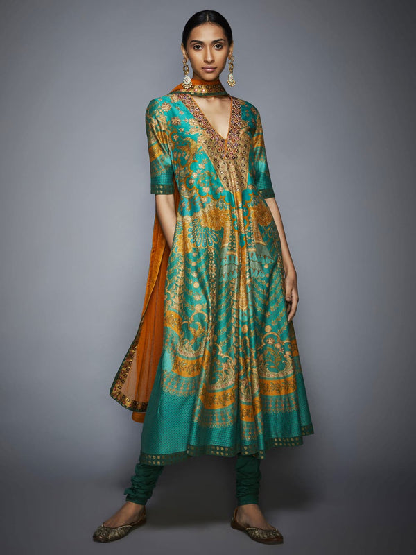 RI Ritu Kumar Green and Mustard Floral Printed Anarkali Suit