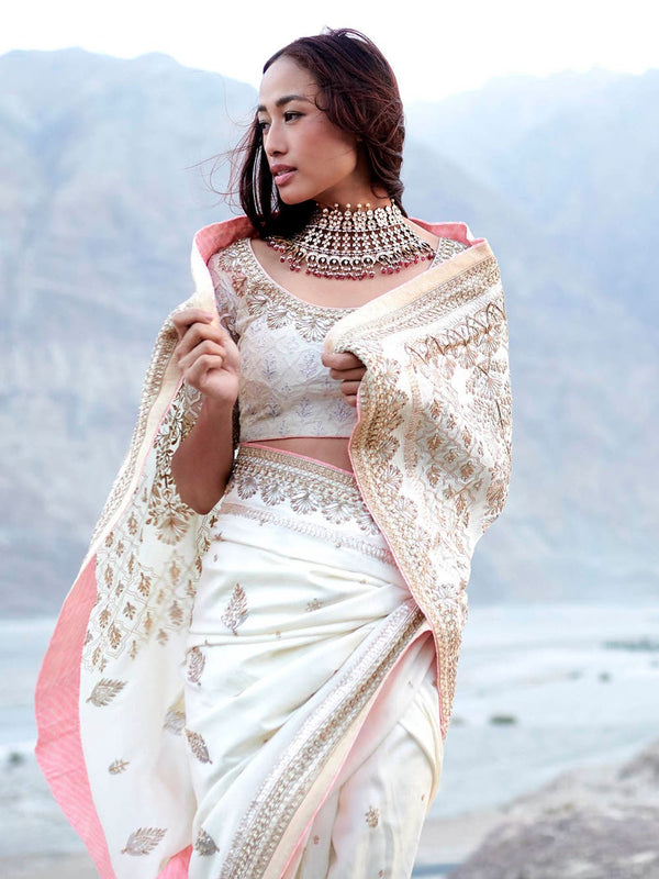 RI Ritu Kumar Ivory Silk Embroidered Saree With Unstitched Blouse