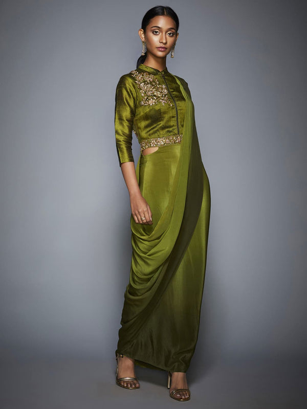 RI Ritu Kumar Khaki Green Ombre Pre-Draped Saree With Stitched Blouse