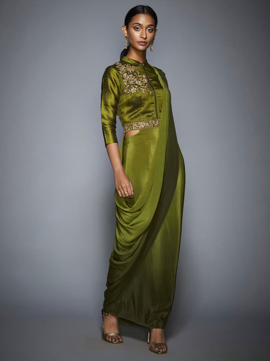 RI-Ritu-Kumar-Khaki-Green-Ombre-Pre-Draped-Saree-With-Stitched-Blouse-Complete-View