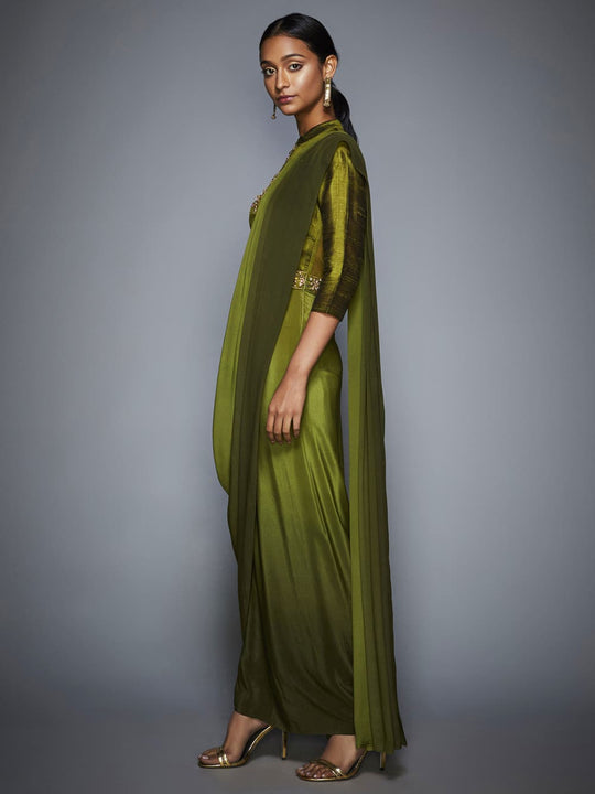 RI-Ritu-Kumar-Khaki-Green-Ombre-Pre-Draped-Saree-With-Stitched-Blouse-Side-View1