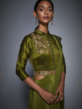 RI-Ritu-Kumar-Khaki-Green-Ombre-Pre-Draped-Saree-With-Stitched-Blouse-Side-View3