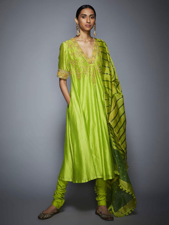 lime green dress suit RI Ritu Kumar Lime Green Floral Embroidered Anarkali Suit